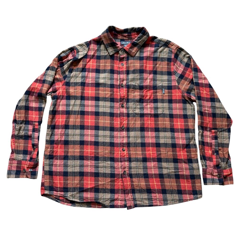 Eddie Bauer Shirt Mens Extra Large Plaid Orange Black Button Up Sz XL